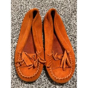 Minnetonka Moccasins Suede Leather Slip On Orange Fringe Flats‎ Shoes Sz 8